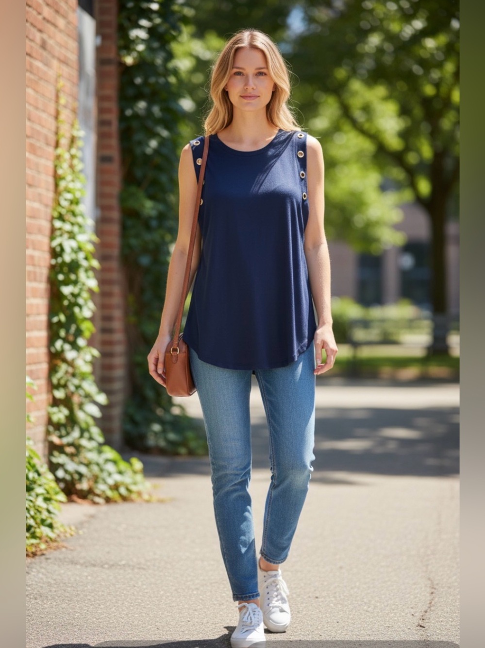Michael Kors Navy Sleeveless Gold Grommet Top Size M